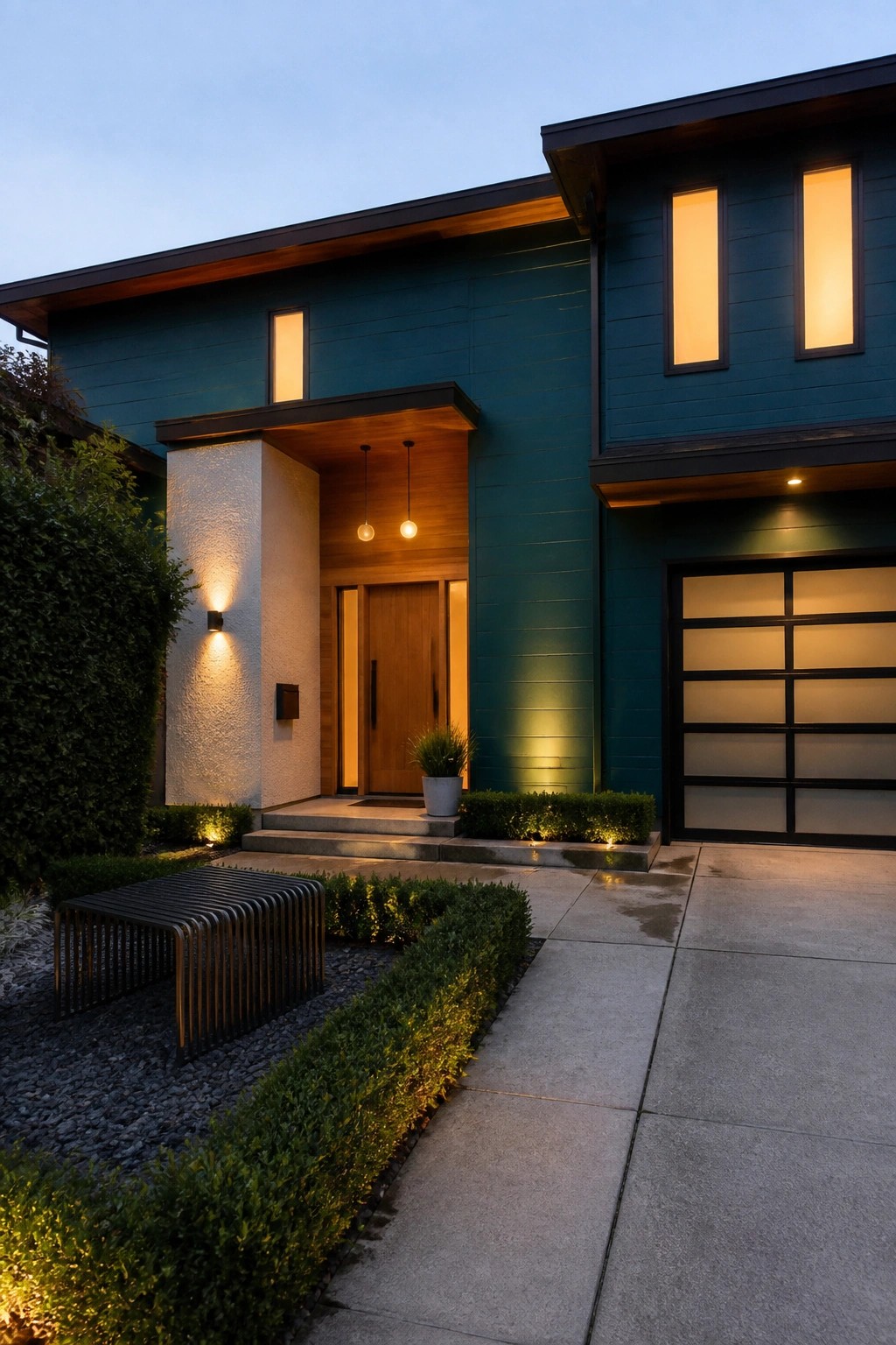 Modern teal house with wooden door, lit entry, garage, bench, and landscaped path at dusk.