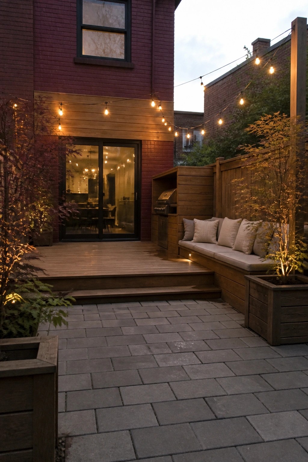 A backyard patio at dusk with a wooden deck, built-in bench seating with cushions, string lights overhead, and potted plants beside a burgundy brick house.