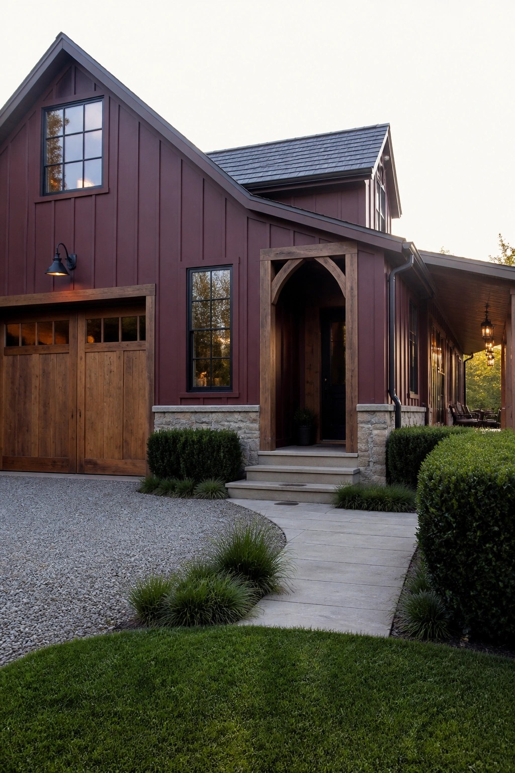 A burgundy house exterior featuring natural wood garage doors, an arched wood entry frame, and a stone base.