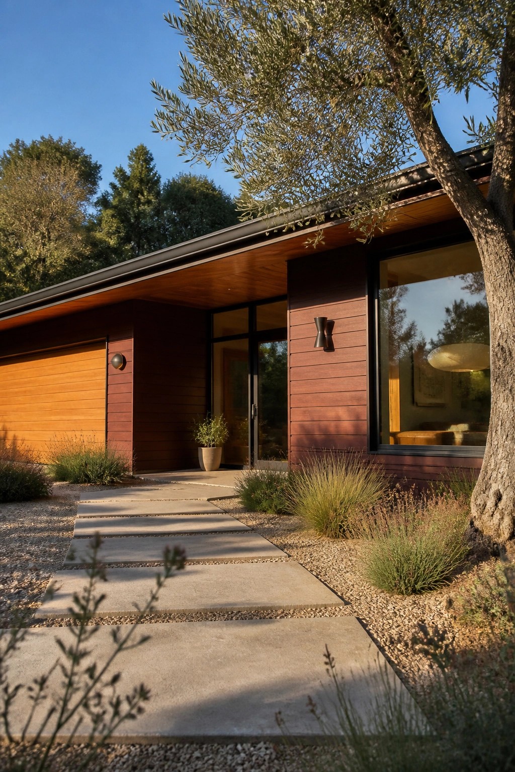 A modern single-story house with burgundy wood siding, a natural wood garage door, large windows, and a concrete paver pathway set in gravel leading to the front entrance.