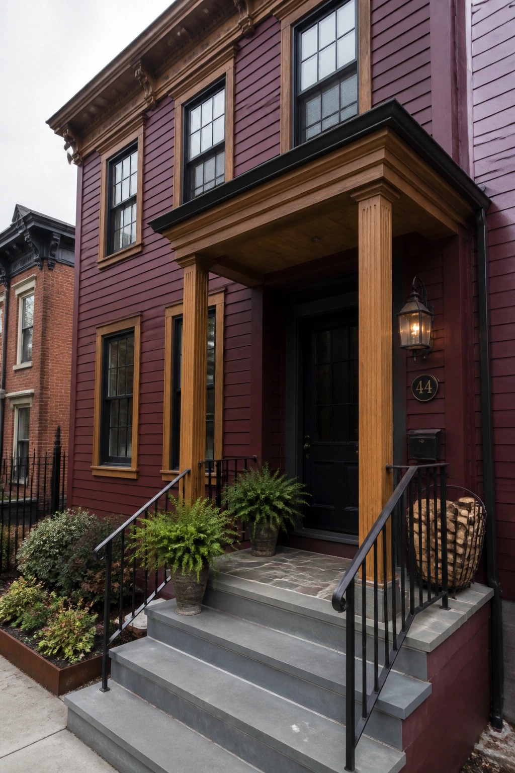 Maroon house with wooden porch, gray stone steps, potted ferns, and black door