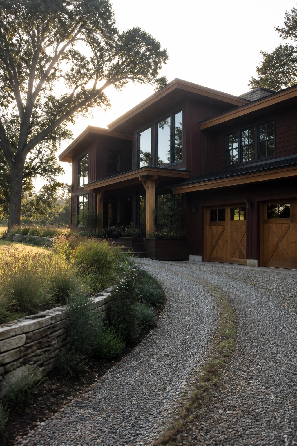 A two-story burgundy house with natural wood garage doors, exposed beams, and large windows next to a gravel driveway and stone retaining wall.