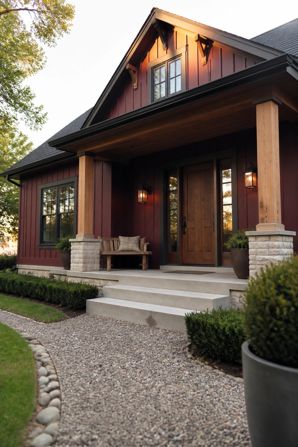 A single-story house with deep red siding, a covered front porch supported by wooden columns on stone bases, a wooden front door, and concrete steps leading to a gravel path.