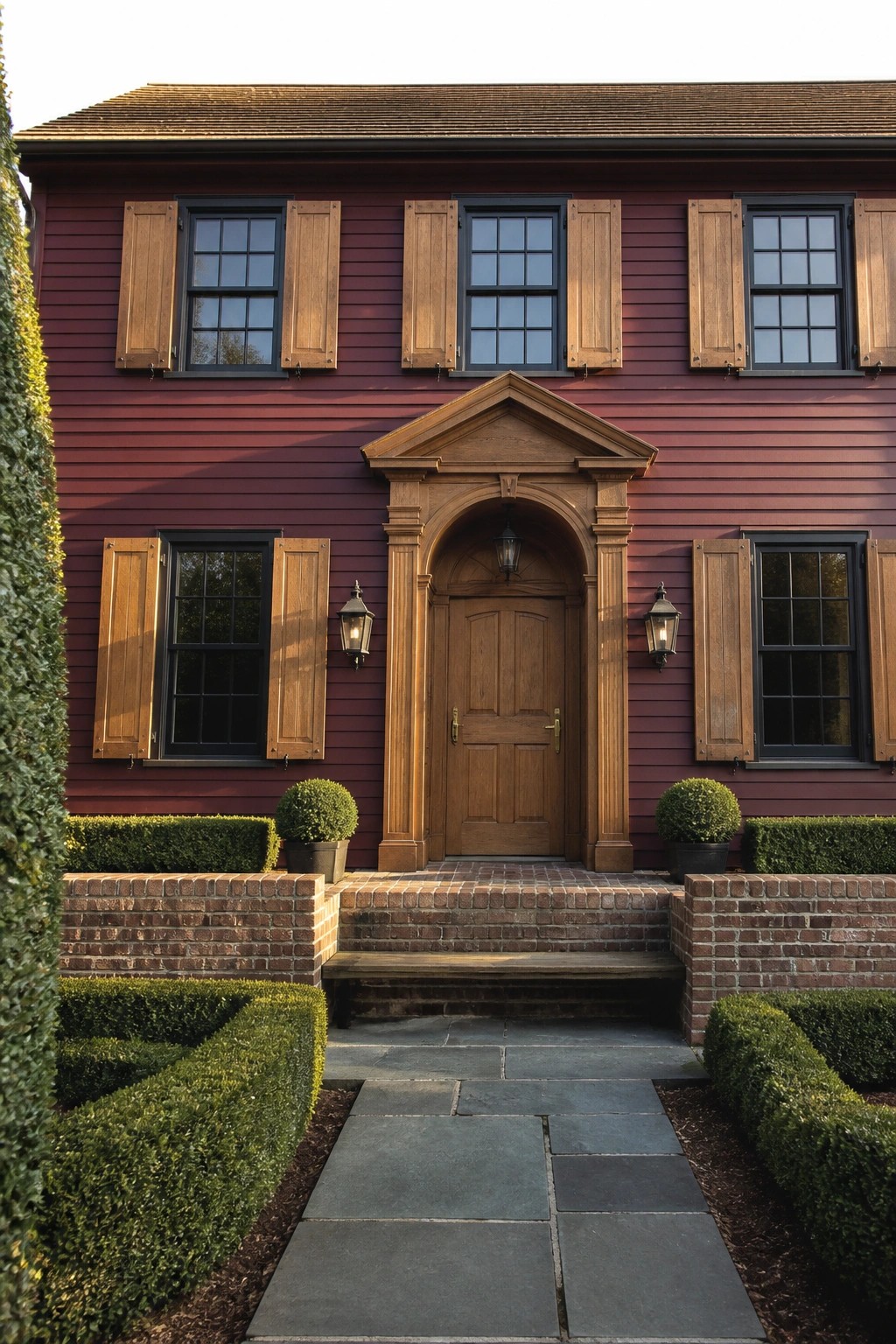 Red wooden house with arched door, shutters, brick steps, and stone path.