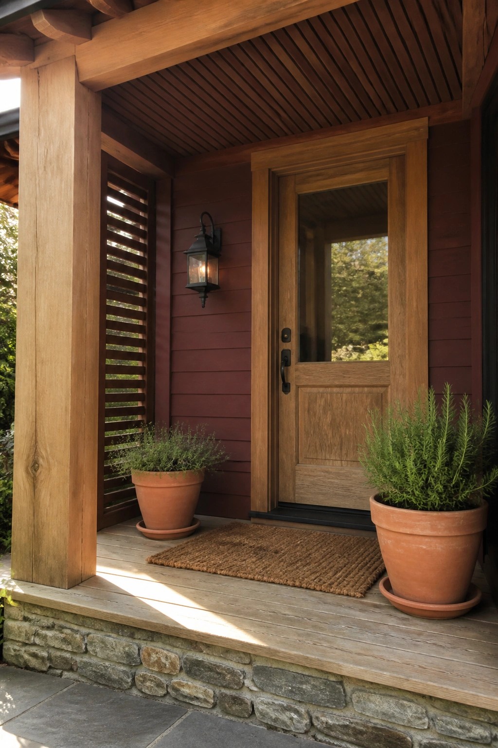 Front entry of a house with burgundy siding, a wooden door with glass, wooden porch posts and beams, two terracotta pots with plants, and a woven doormat.