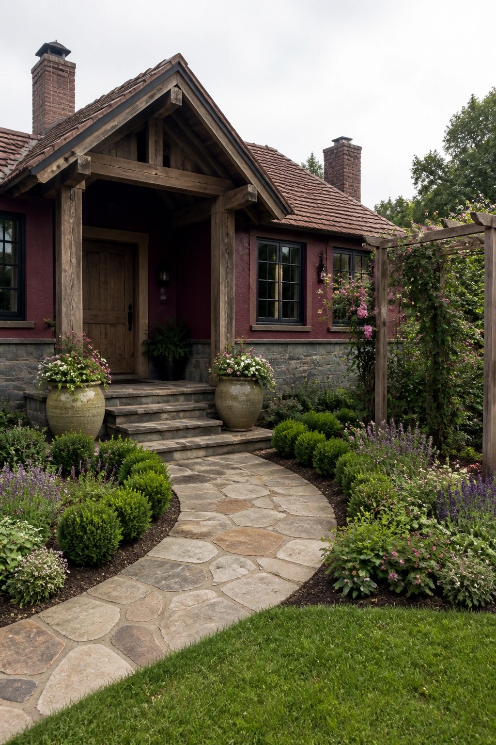 Stone pathway curves to red house porch with potted flowers and lush garden.