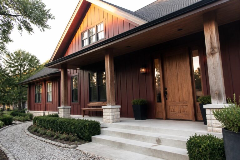 A single-story house with deep red siding, a covered front porch supported by wooden columns on stone bases, a wooden front door, and concrete steps leading to a gravel path.