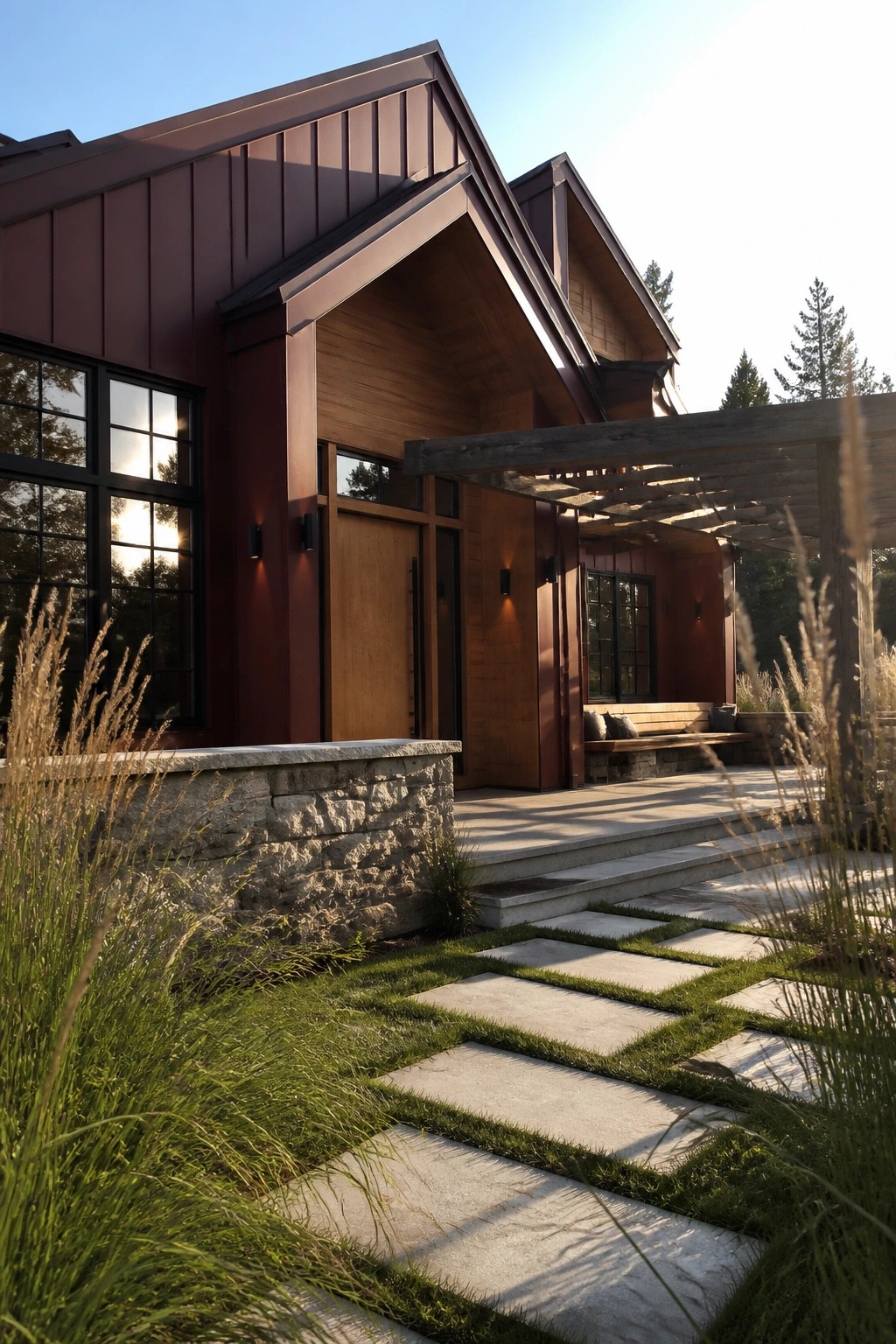 Modern house with red siding, wood accents, stone steps, and grassy paver path