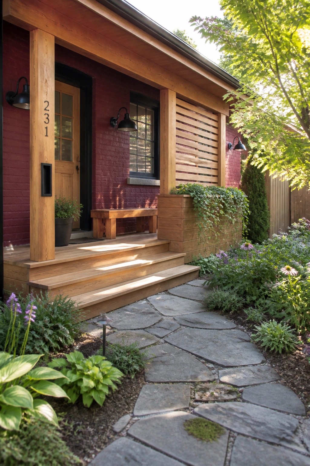 Front view of a burgundy brick house exterior with natural wood porch posts, steps, door, and a stone pathway bordered by garden beds.