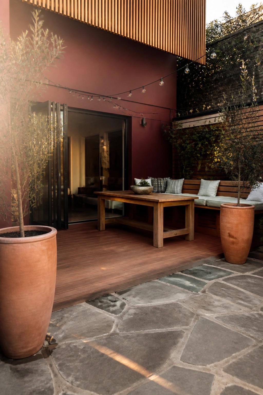 A wooden deck with a table and bench seating sits against a burgundy exterior wall, flanked by large terracotta pots and string lights overhead.