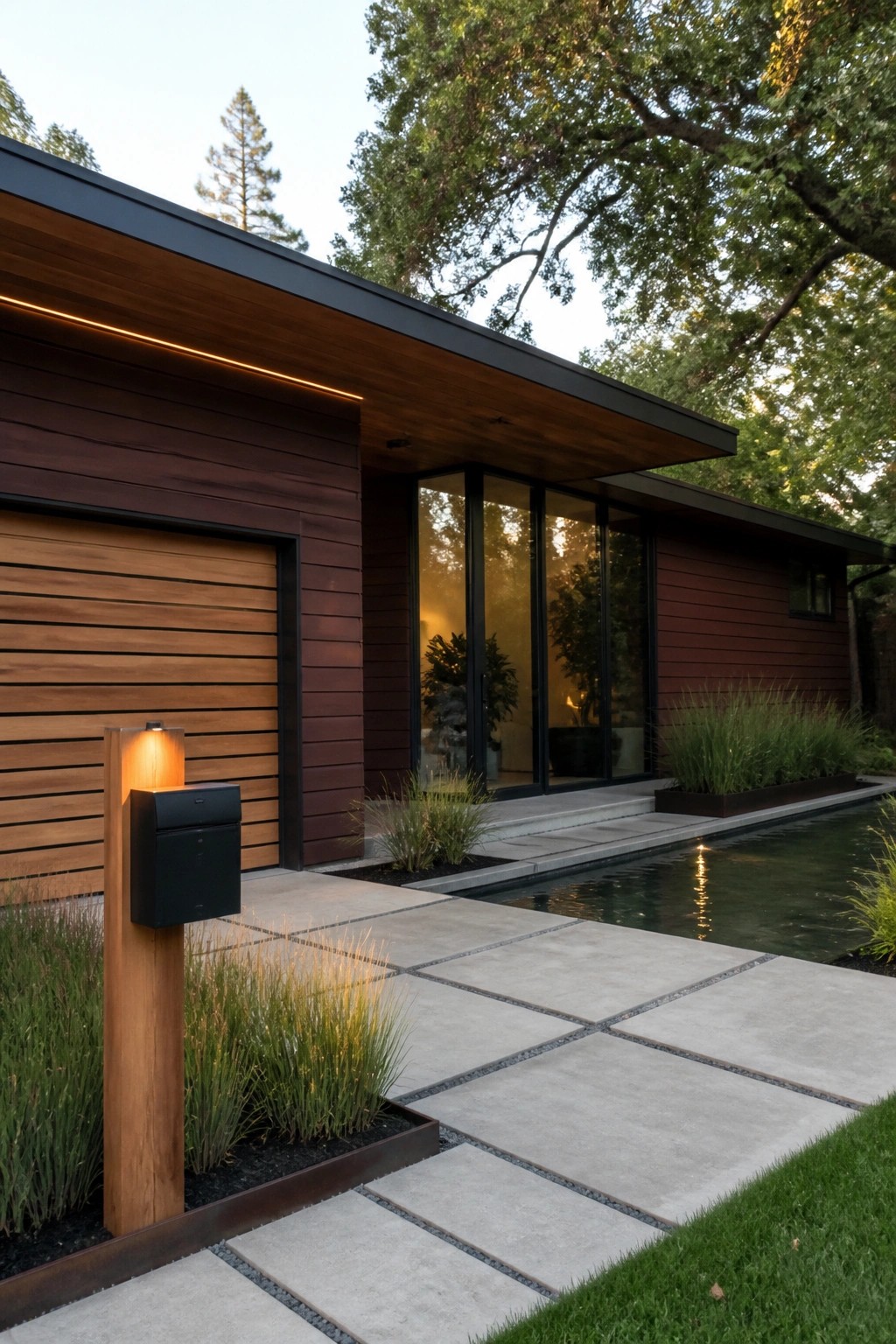 Modern single-story house with burgundy horizontal siding, cedar garage door, black-framed glass doors, concrete pavers, and a narrow pool along the front.
