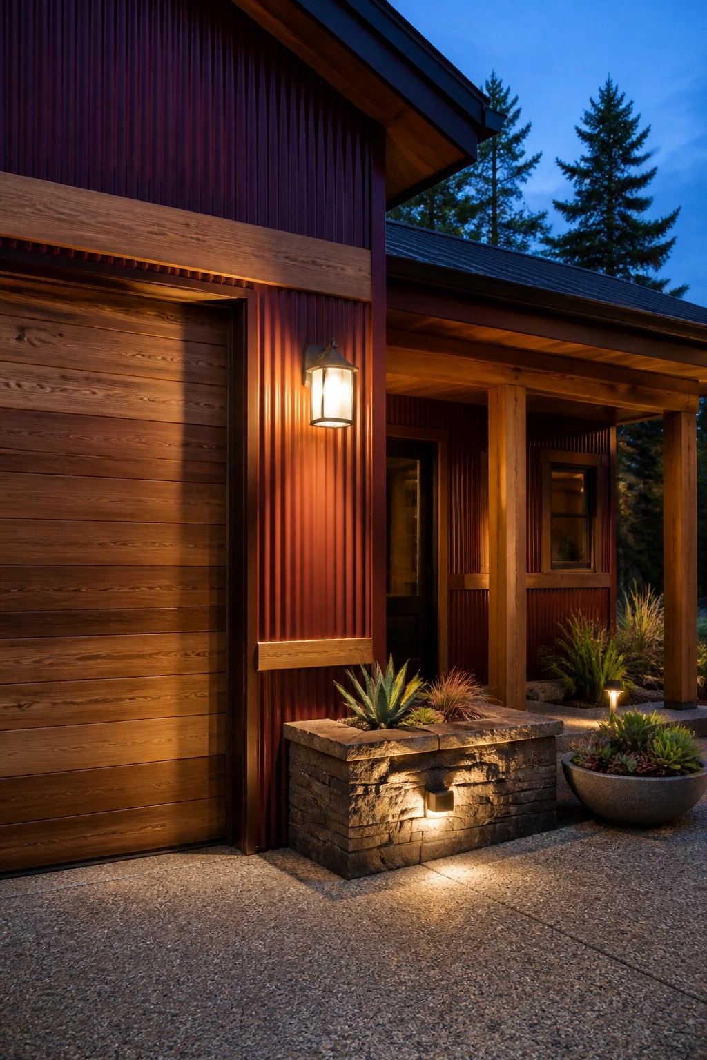 House exterior at dusk showing burgundy corrugated metal siding, a wooden garage door, cedar trim and posts, a lit wall lantern, and a low stone planter with plants.