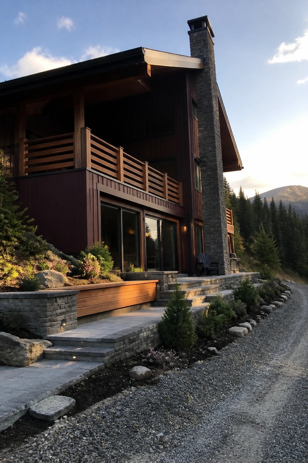 A two-story modern house with dark burgundy siding, natural cedar balcony railings, a tall stone chimney, and large ground-floor windows beside a gravel driveway and forested hillside.
