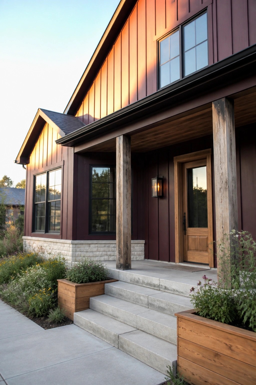 Modern house with dark red siding, wooden porch, concrete steps, and planters.