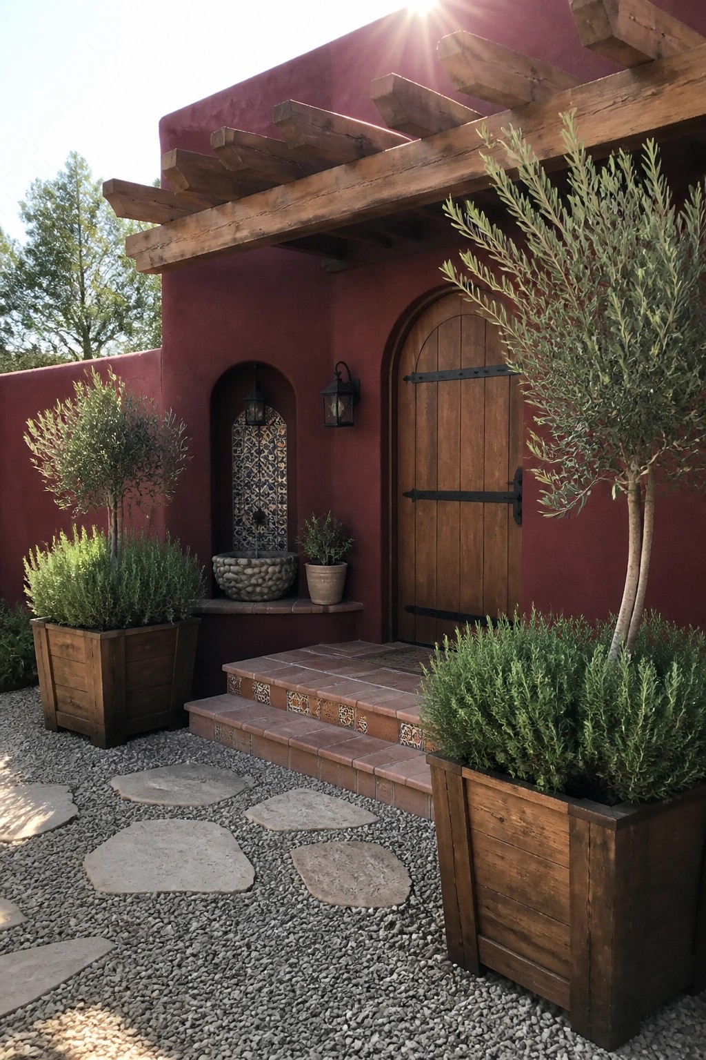 Red stucco courtyard with wooden pergola, arched door, potted plants, and stone path.