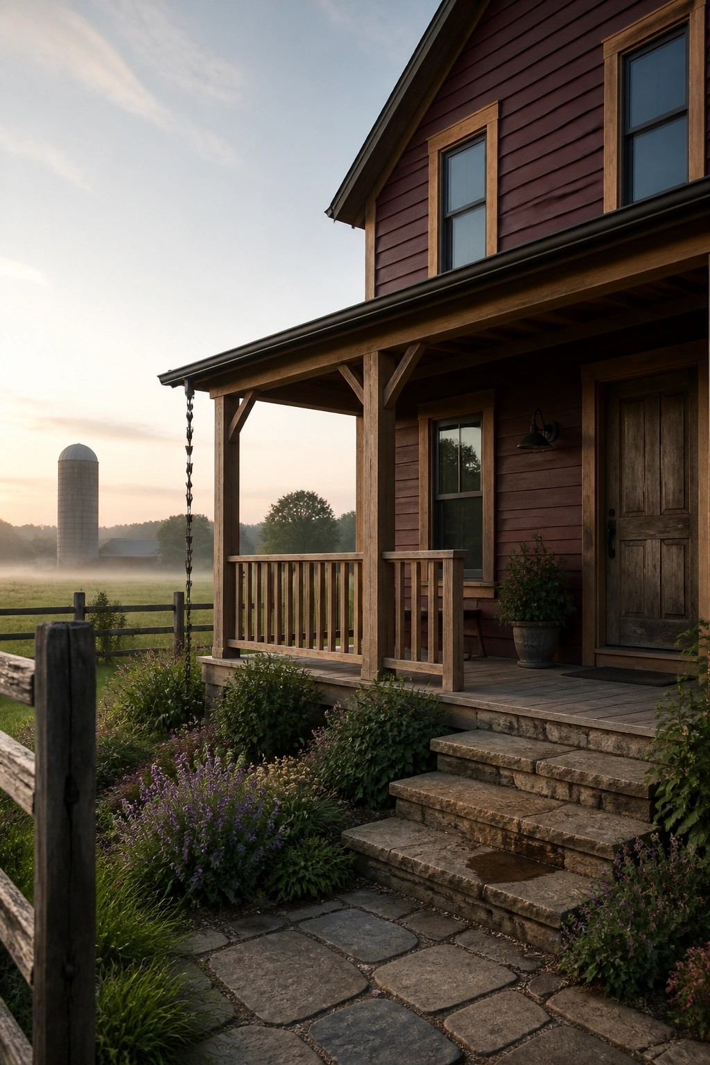 Rustic red farmhouse porch with stone steps, wildflowers, wooden fence, and misty silo.