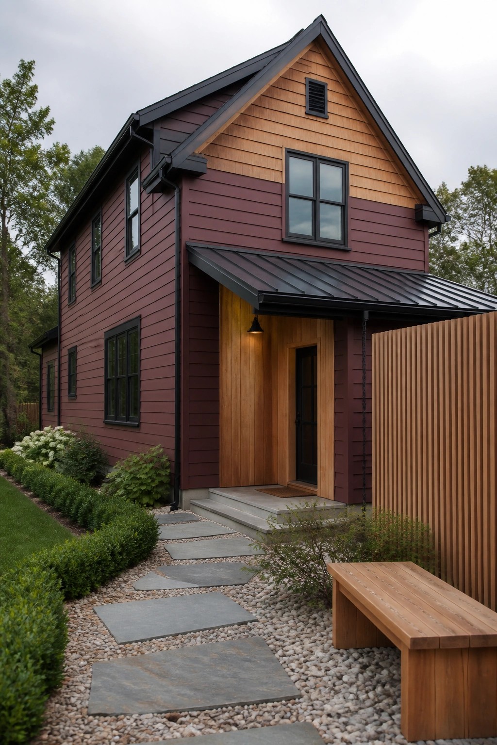 Modern maroon house with wood gable, stone path, gravel, and wooden bench.