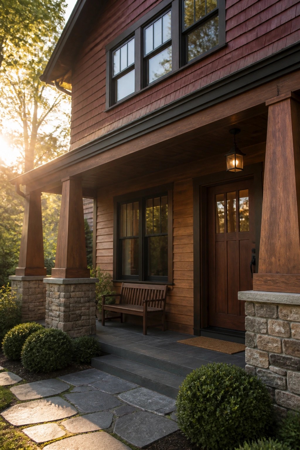 A burgundy wood-sided house with dark trim, a front porch supported by cedar posts on stone bases, a wooden bench, and a wooden entry door.