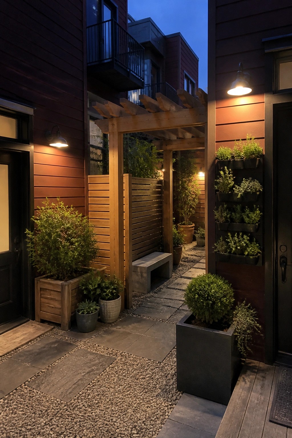 Evening walkway with wooden pergola, stone path, potted plants, and glowing lights