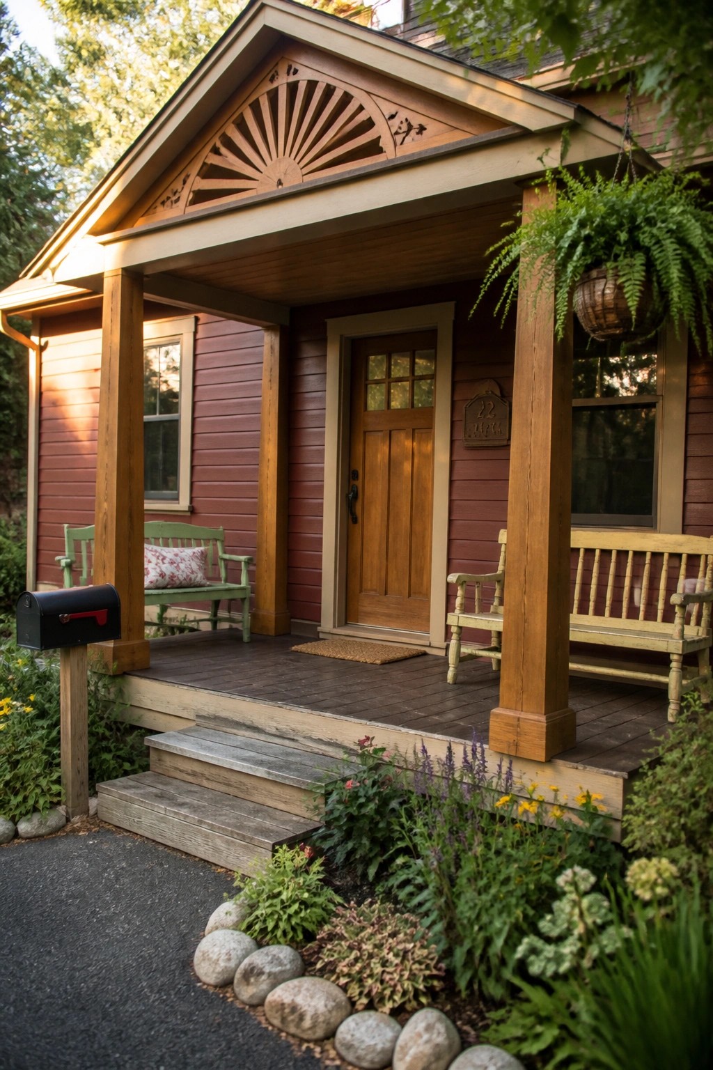 A burgundy house with natural cedar porch posts, a wooden front door, and a gable fan detail above the entry.