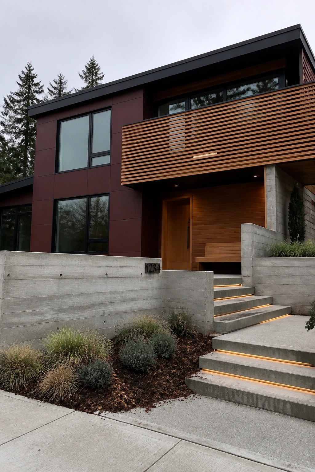 Modern two-story house with burgundy siding, large windows, cedar slatted balcony screen, wooden entry door, and lit concrete stairs.