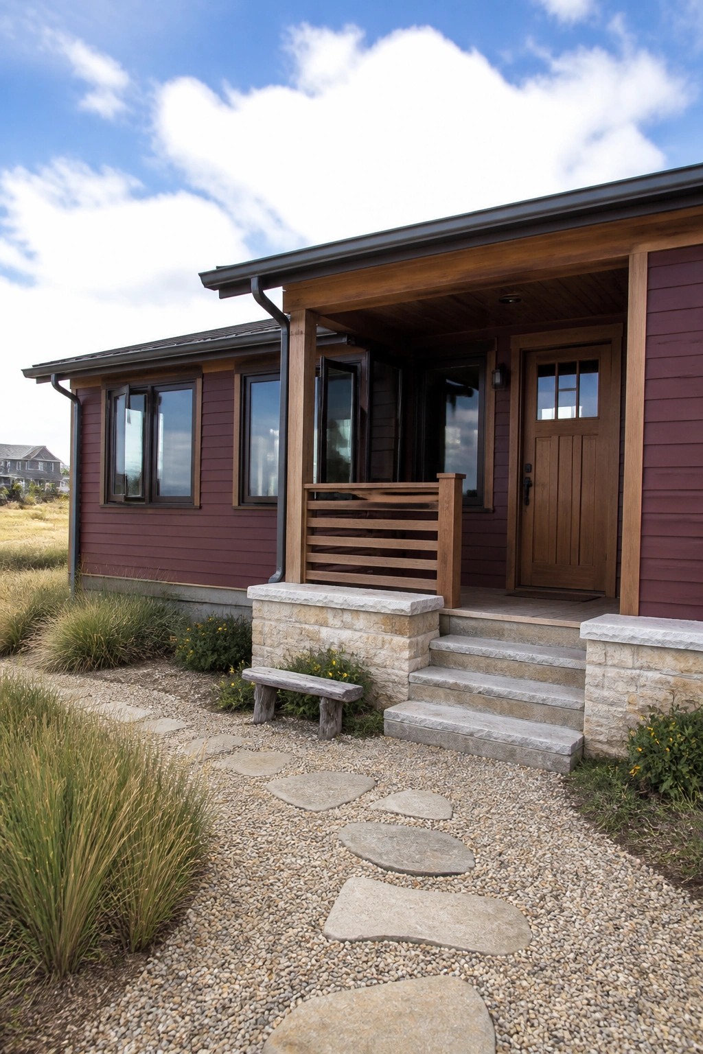 A single-story burgundy house with cedar wood porch posts, railing, and front door, plus stone steps and a gravel path with pavers.
