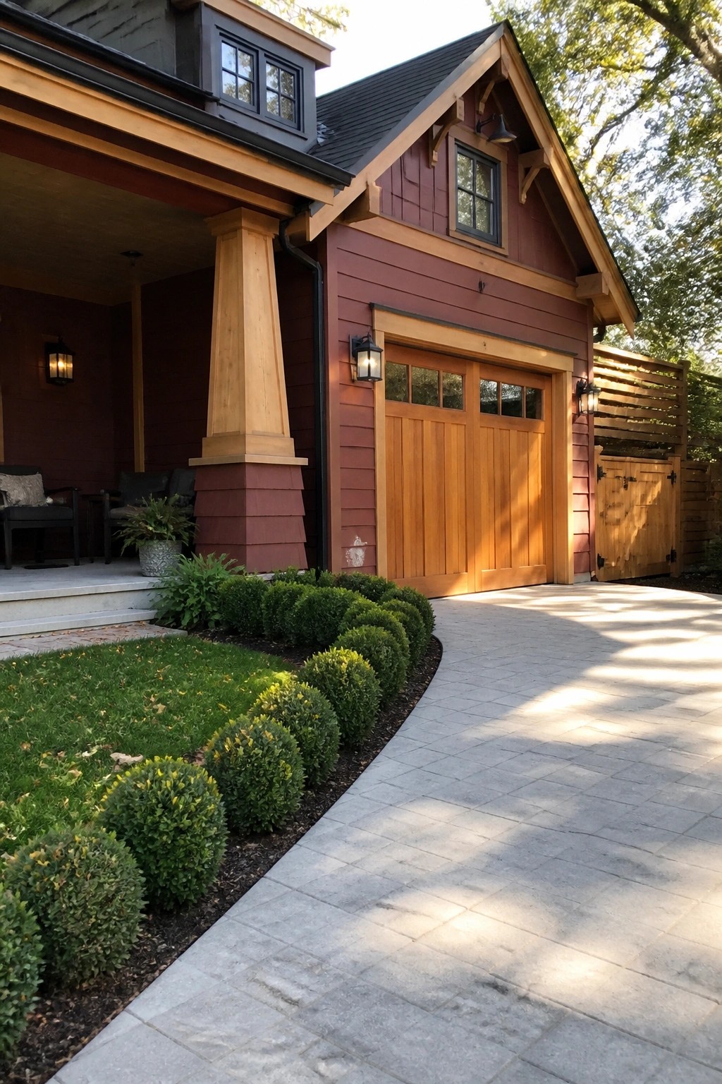 Red wooden house with garage, porch, paved driveway, and manicured shrubs.