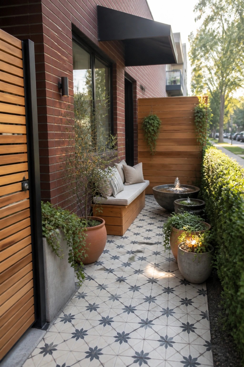 Modern brick patio with patterned tiles, wooden bench, potted plants, and stone fountains