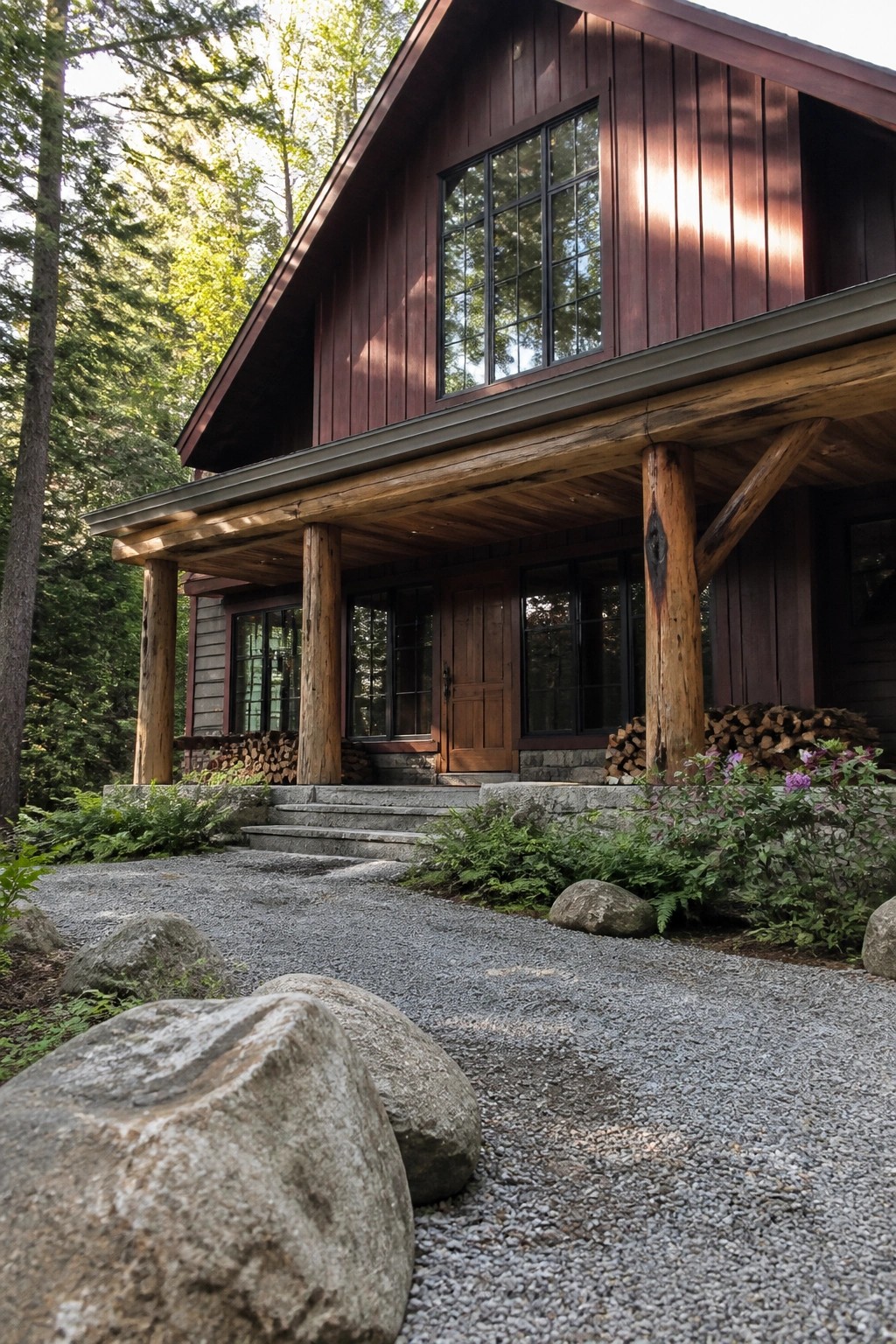 Rustic wooden cabin with dark red siding, log porch, stone steps, and gravel path