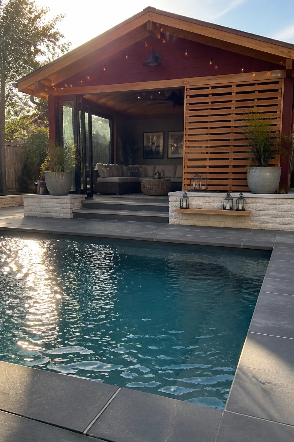 A modern poolside covered patio with burgundy exterior walls, natural cedar slat screen, outdoor sectional seating, and a rectangular swimming pool in the foreground.
