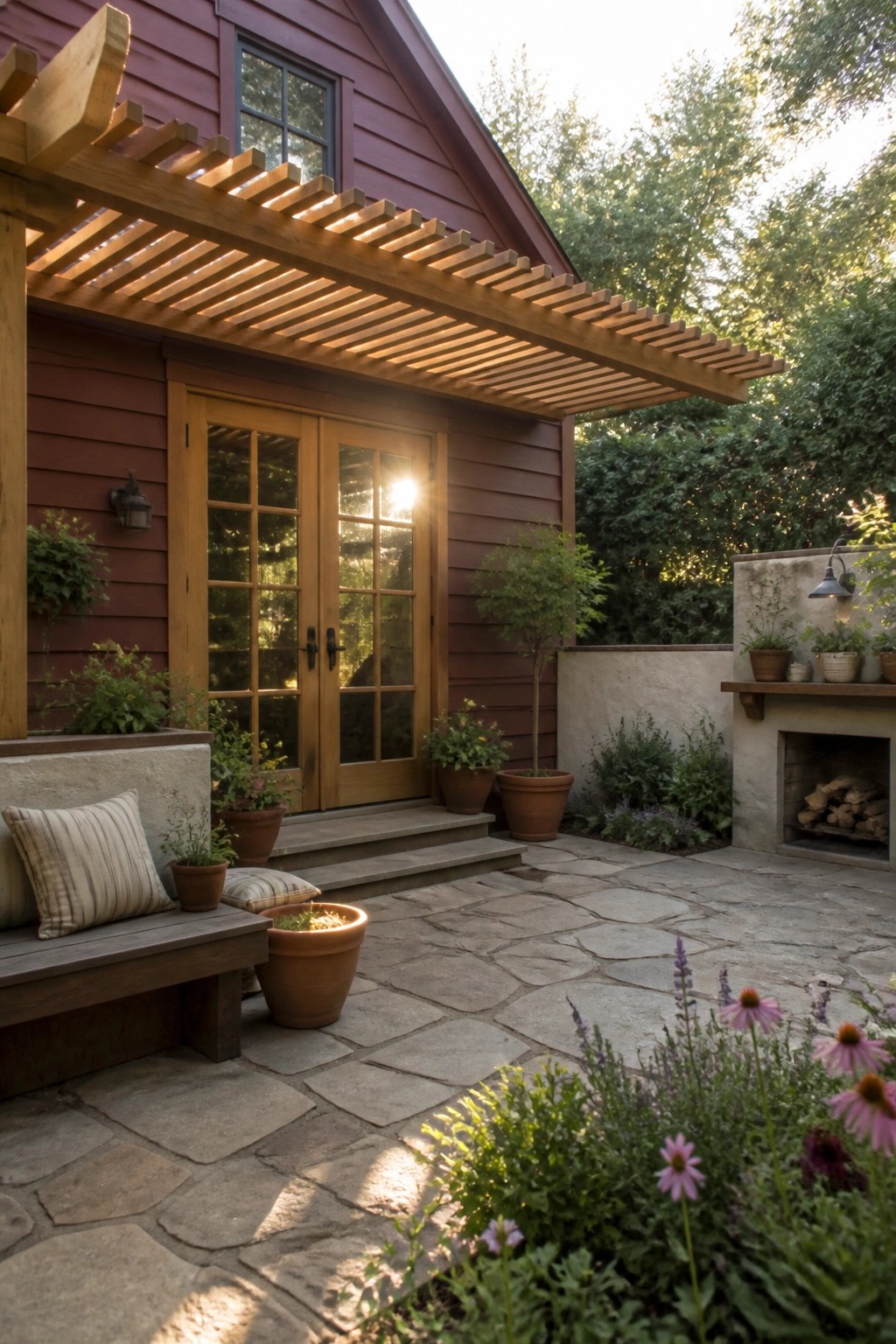 A burgundy house with a wooden pergola over a stone patio that includes a bench, potted plants, and a stucco fireplace.