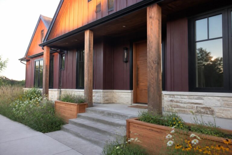 23 Warm Burgundy House Exteriors Paired with Natural Cedar Accents Modern house with dark red siding, wooden porch, concrete steps, and planters.