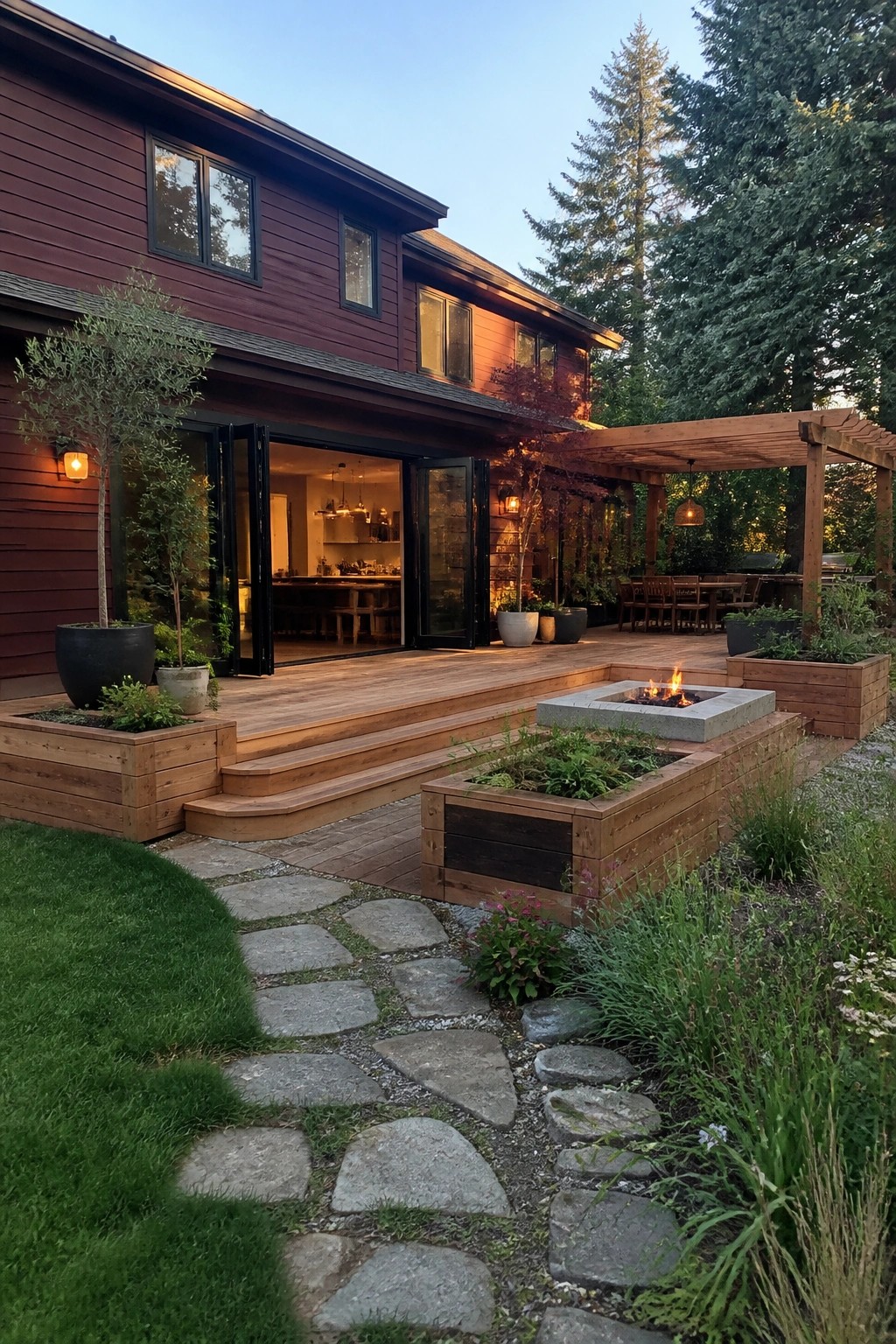 Modern red house with wooden deck, fire pit, pergola, and stone pathway at dusk