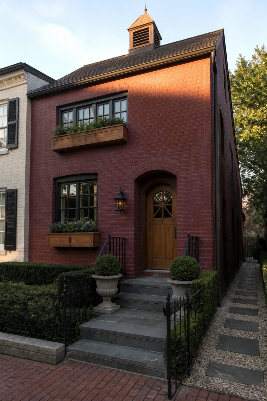 A red brick house exterior with a wooden front door, black-framed windows, wooden window boxes, stone steps, and a small front garden.