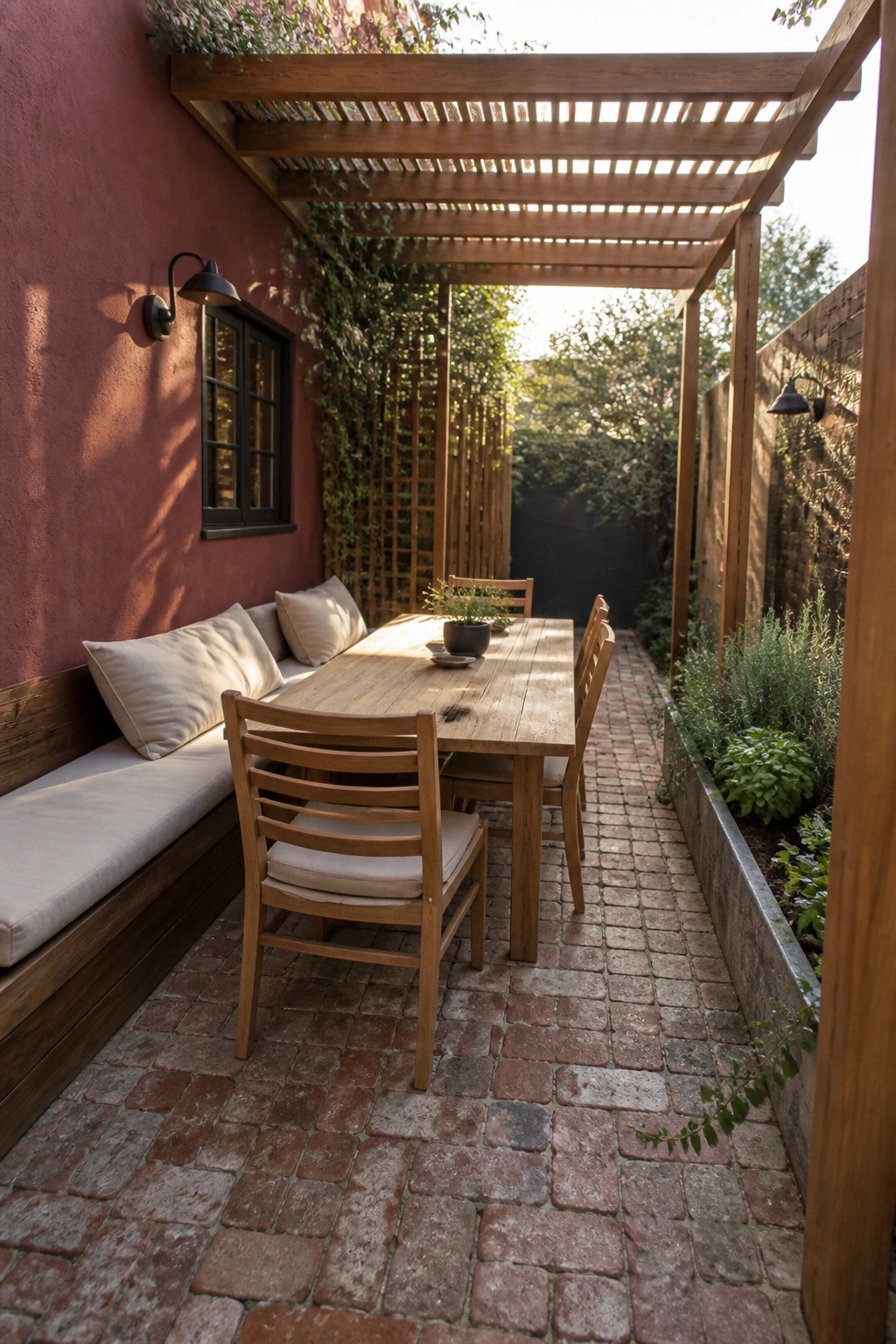 A wooden pergola covers a long dining table and chairs on a brick patio beside a red stucco wall with a built-in cushioned bench.