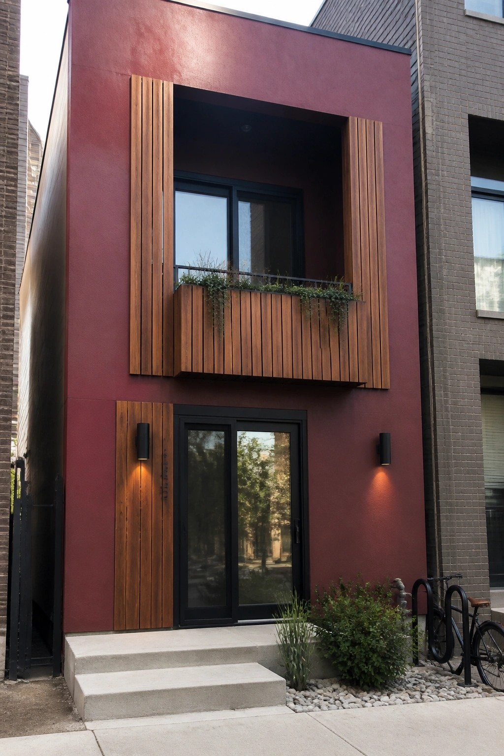 A modern two-story house with deep burgundy walls, vertical cedar wood slats framing a second-floor balcony and window, a black-framed glass door at ground level, and small plants on the balcony.