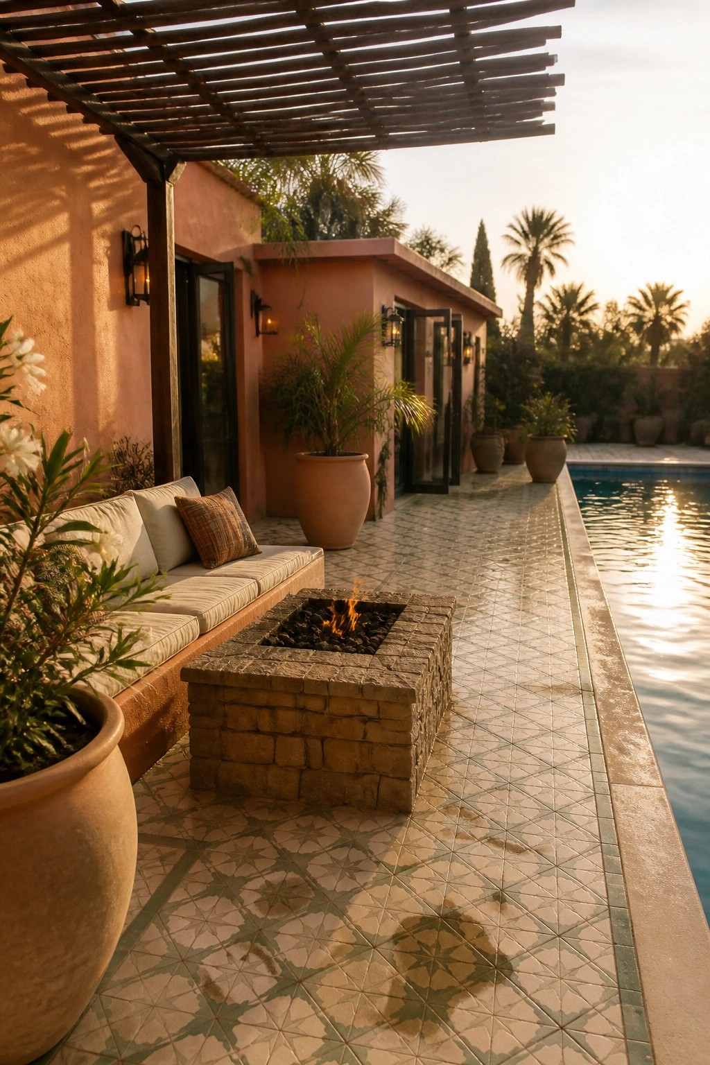 A tiled patio with a stone fire pit, built-in cushioned bench, large terracotta pots, wooden pergola, and swimming pool beside a peach stucco house.