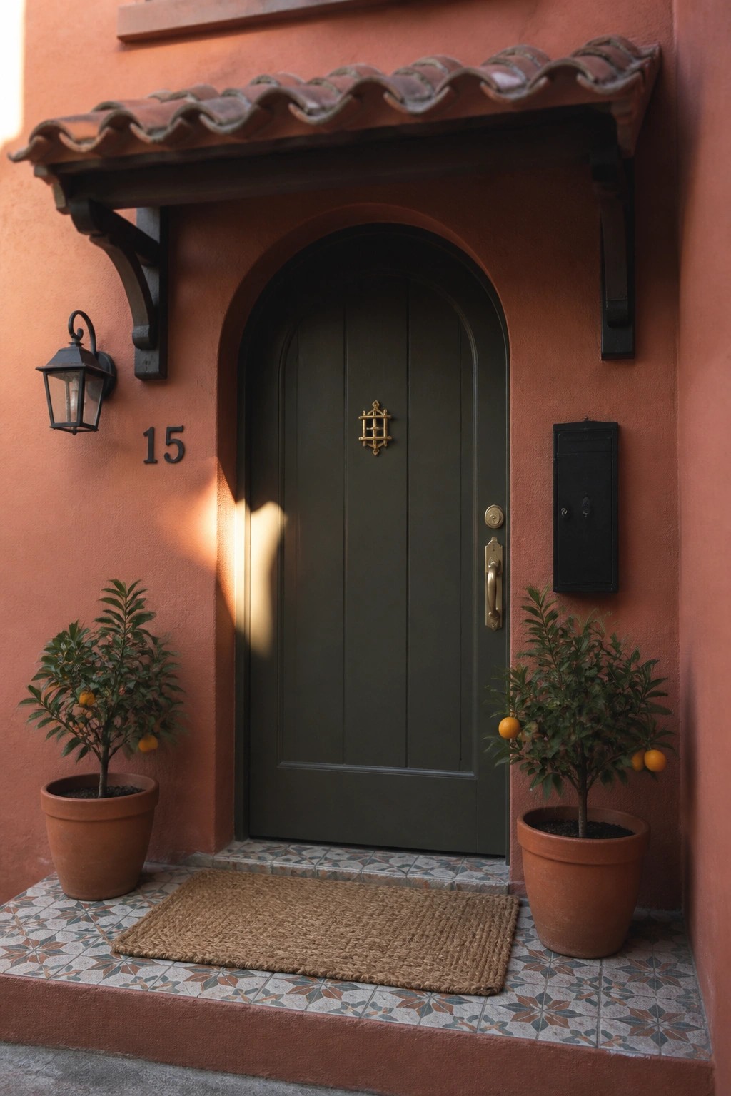 A dark green arched door centered in a terracotta stucco wall with a tiled step, two potted citrus trees, a woven mat, and a wall lantern to the left.