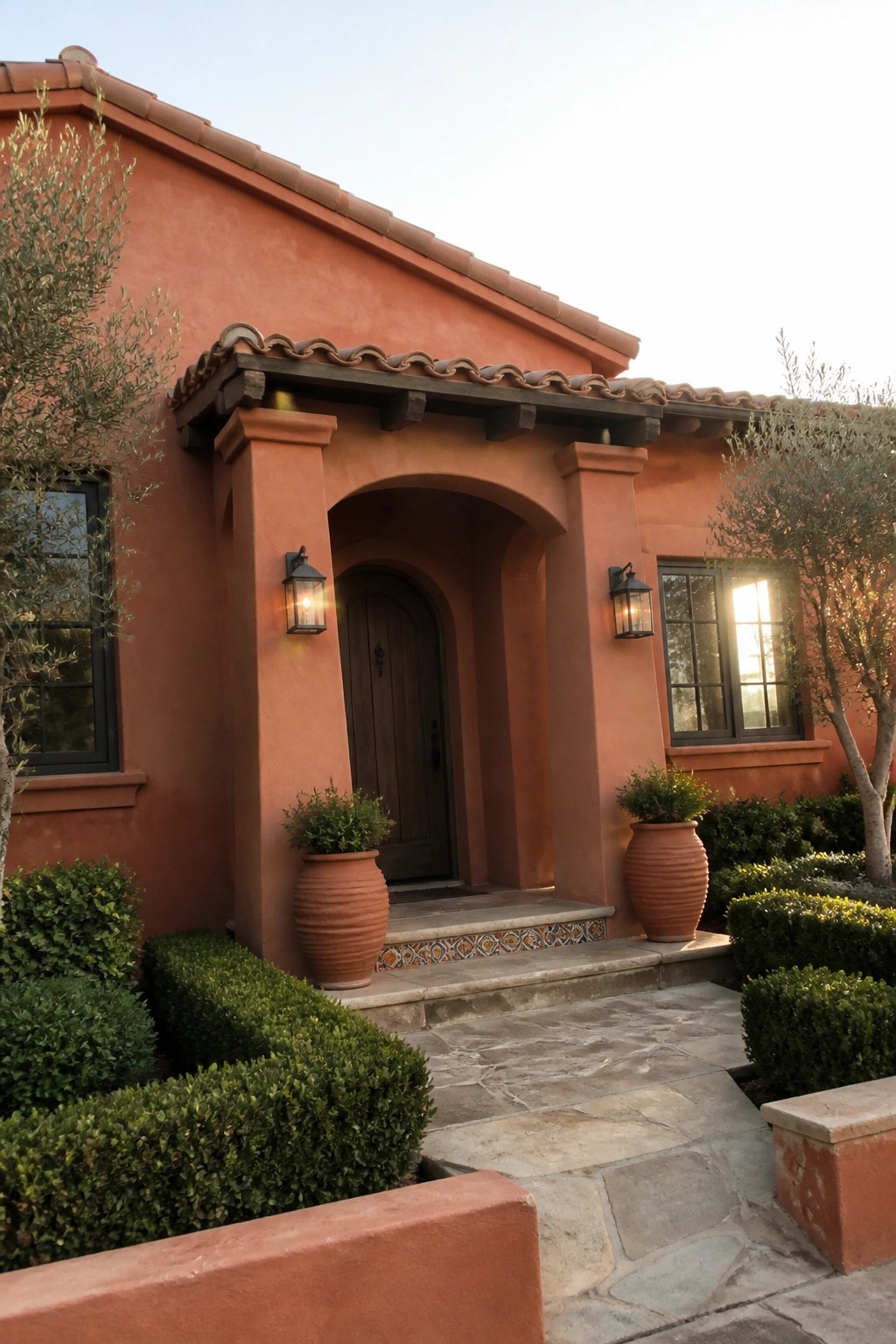 A terracotta stucco house with a recessed arched entry, wooden door, wall lanterns, and terracotta pots on the steps.
