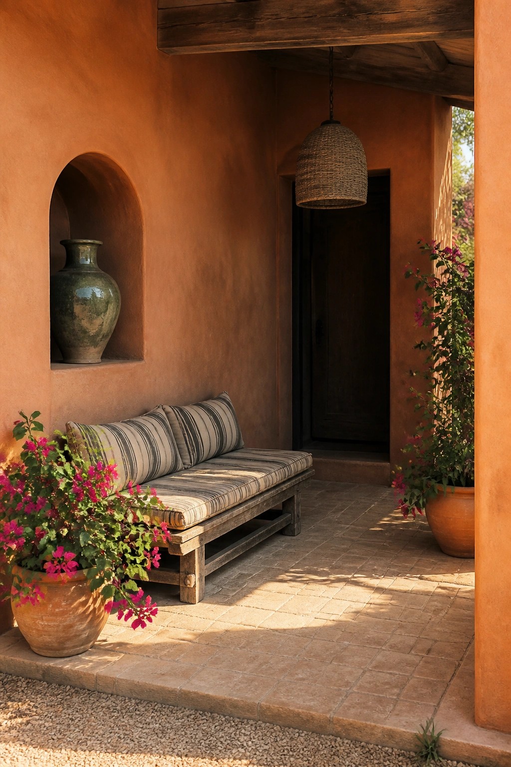 Rustic wooden bench with striped cushions on sunlit terracotta patio with potted flowers