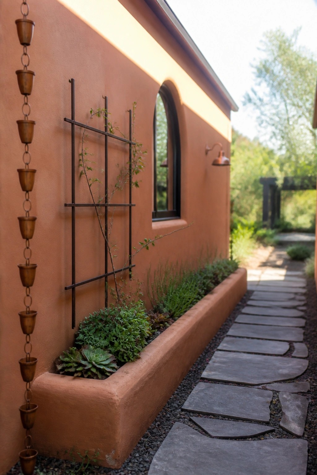 Terracotta wall with rain chain, metal trellis, succulents, and stone pathway