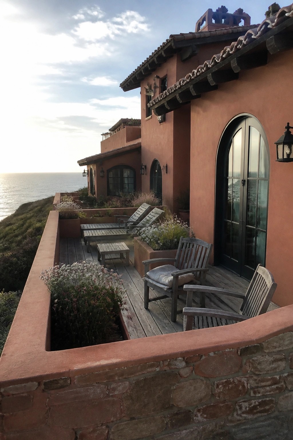 A terracotta stucco house exterior with a wooden deck, wooden chairs and lounge chairs, and raised planters built into the deck edge overlooking the ocean.