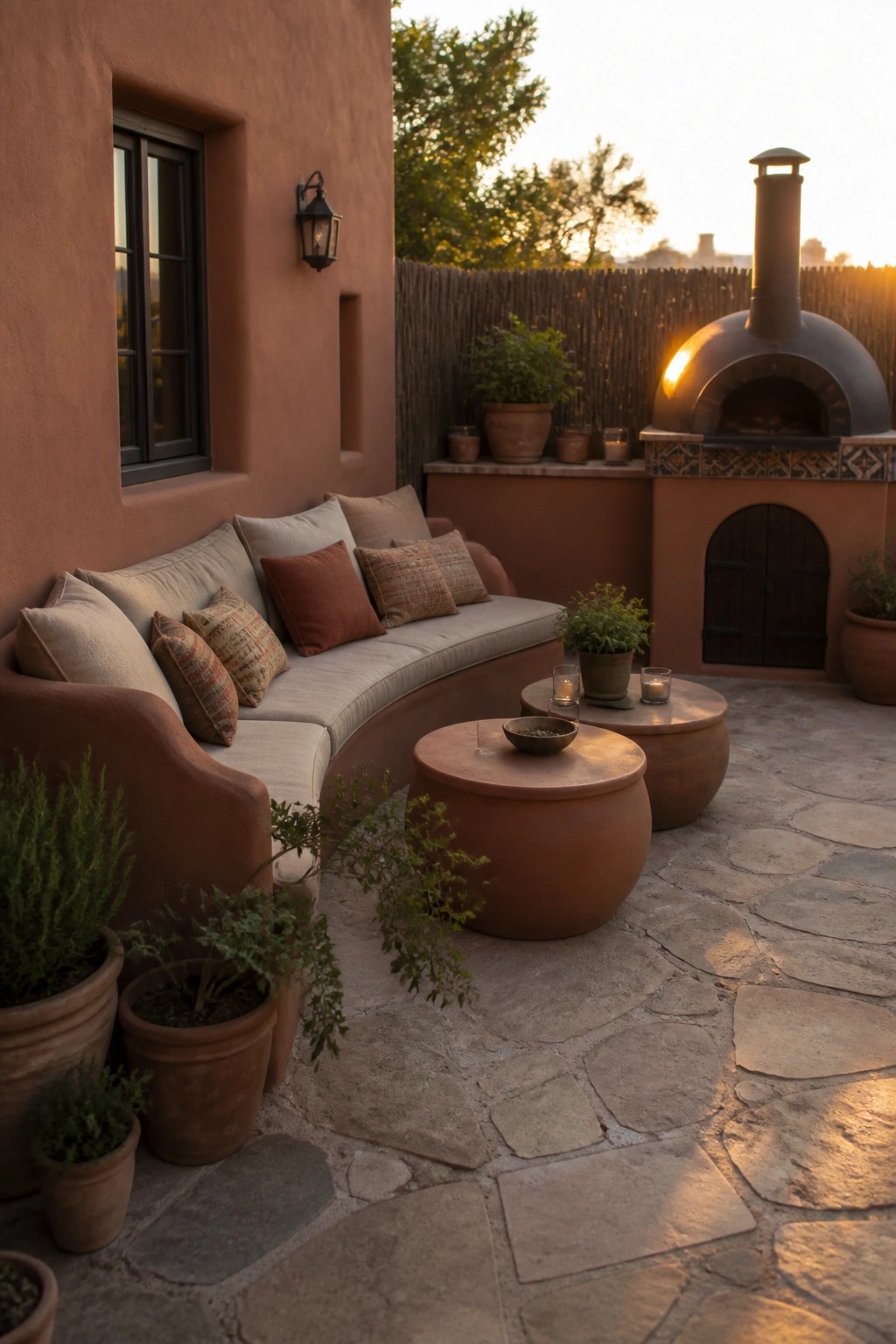 Terracotta patio with curved sofa, potted plants, round tables, and pizza oven at sunset.