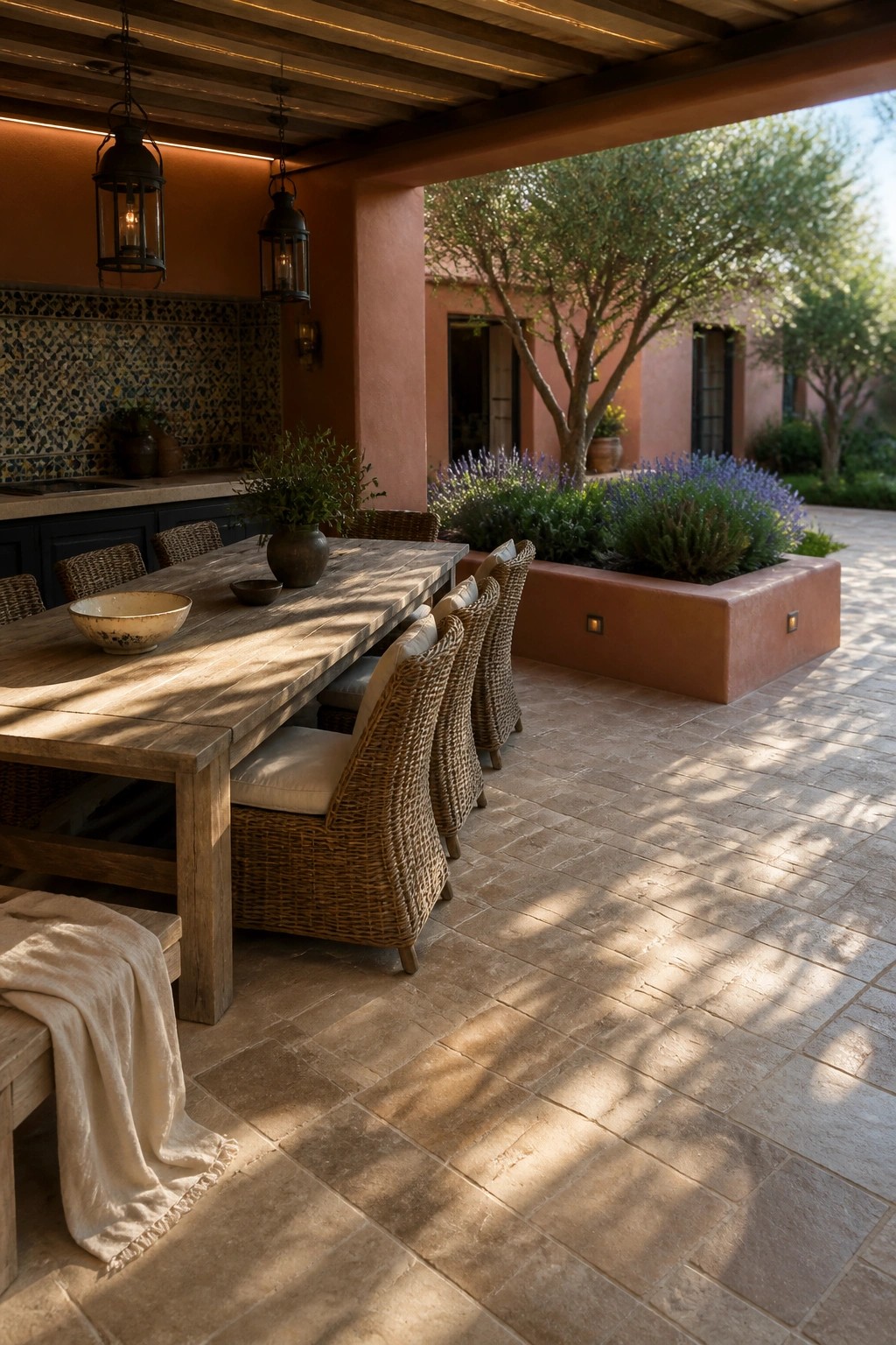A covered outdoor dining patio with a long wooden table and woven chairs beneath terracotta stucco walls, adjacent to lavender plantings and a paved courtyard.