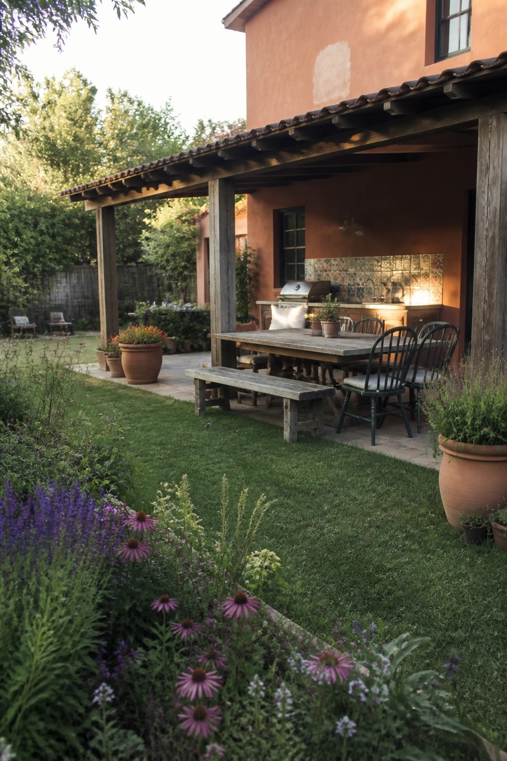 A terracotta stucco house with a wooden pergola over a stone patio that holds a long dining table, mixed chairs, a bench, and a built-in grill, bordered by a lawn with purple flowers and large clay pots.