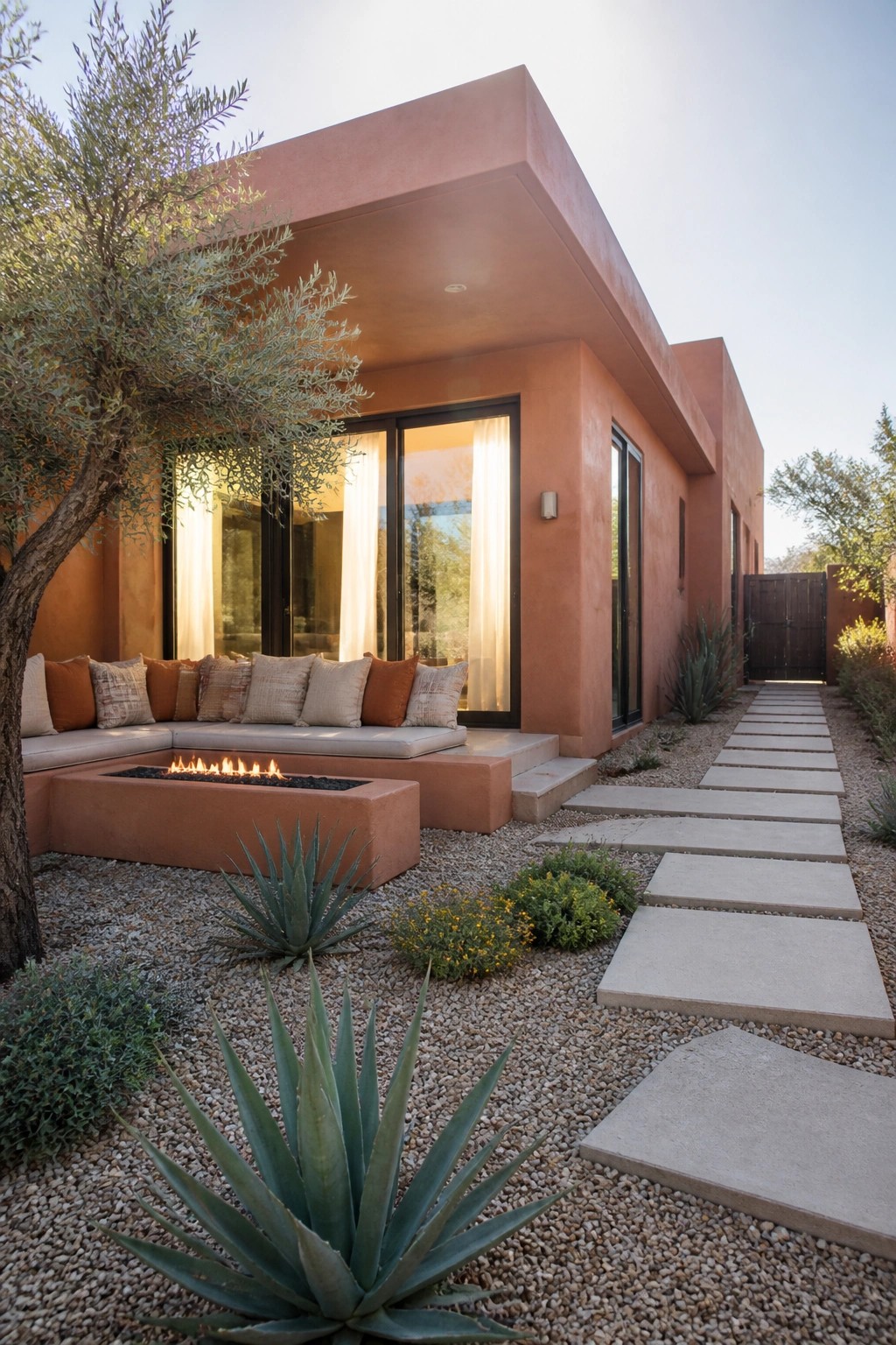 A terracotta stucco house exterior with large glass doors, a built-in fire pit and cushioned bench made of matching stucco, gravel ground cover, agave plants, and a concrete paver pathway.