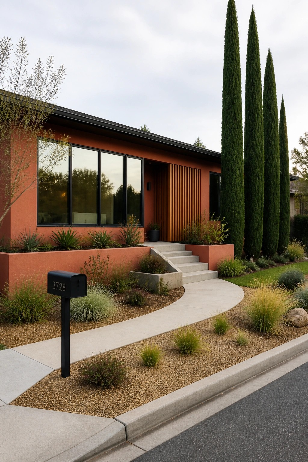 A single-story modern house with terracotta stucco walls, black-framed windows, a vertical wood entry screen, and concrete steps leading to the front door.