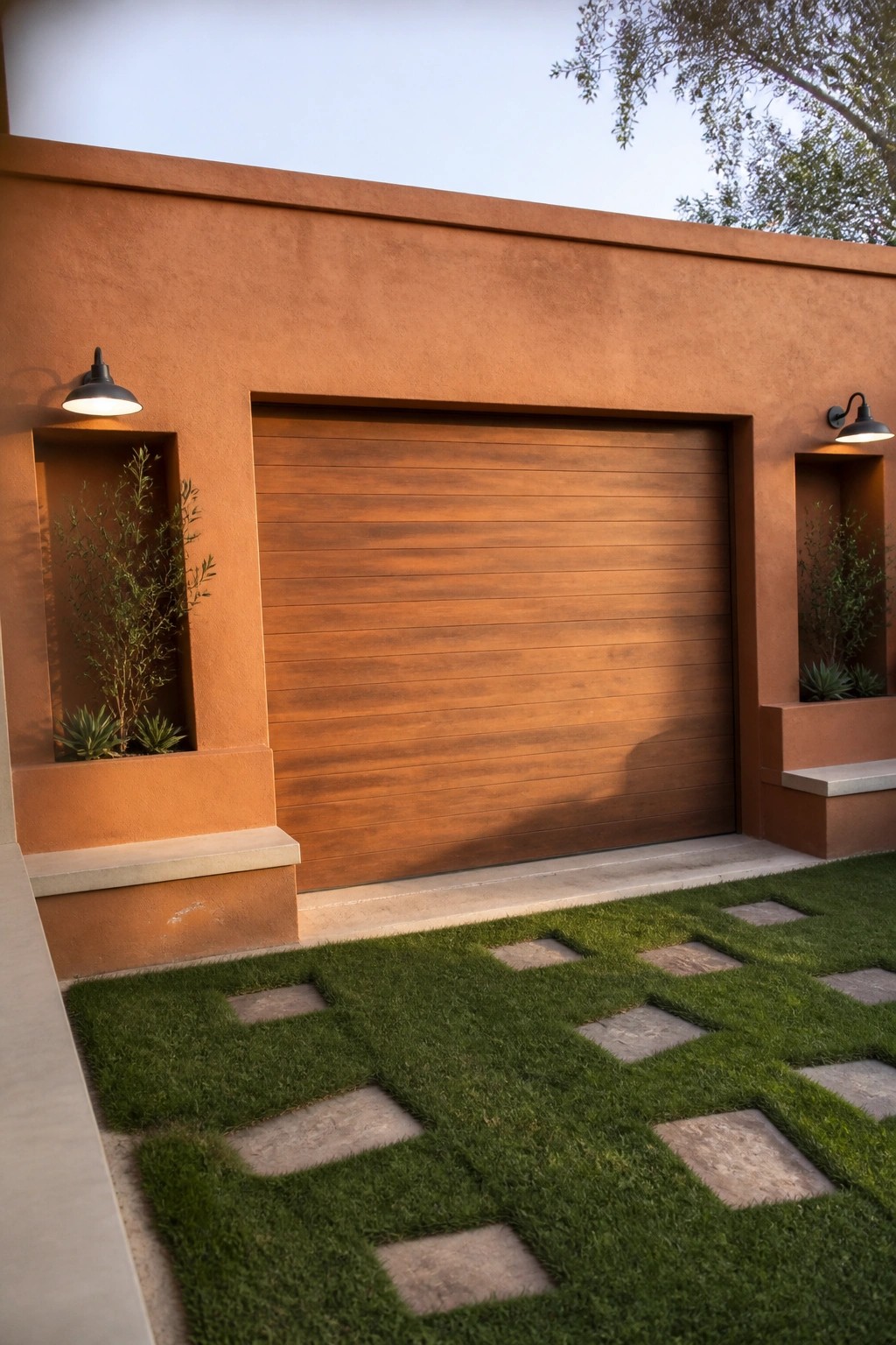 A terracotta stucco house wall with a centered wood garage door, recessed plant niches on both sides, and a lawn with stone pavers in the foreground.