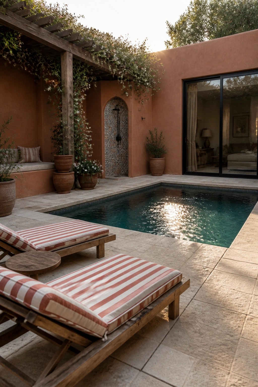 A rectangular pool surrounded by terracotta stucco walls, wooden pergola with vines, striped lounge chairs on stone paving, and potted plants.