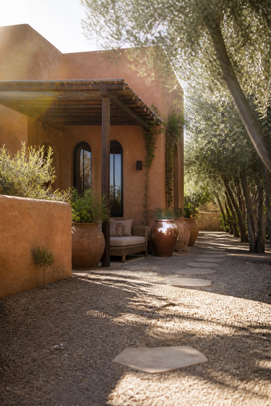 A terracotta stucco house exterior with arched windows, a wooden pergola overhang, large clay pots, and a gravel path with stepping stones.